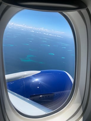 View of the Maldives from the Boeing 77-300ER